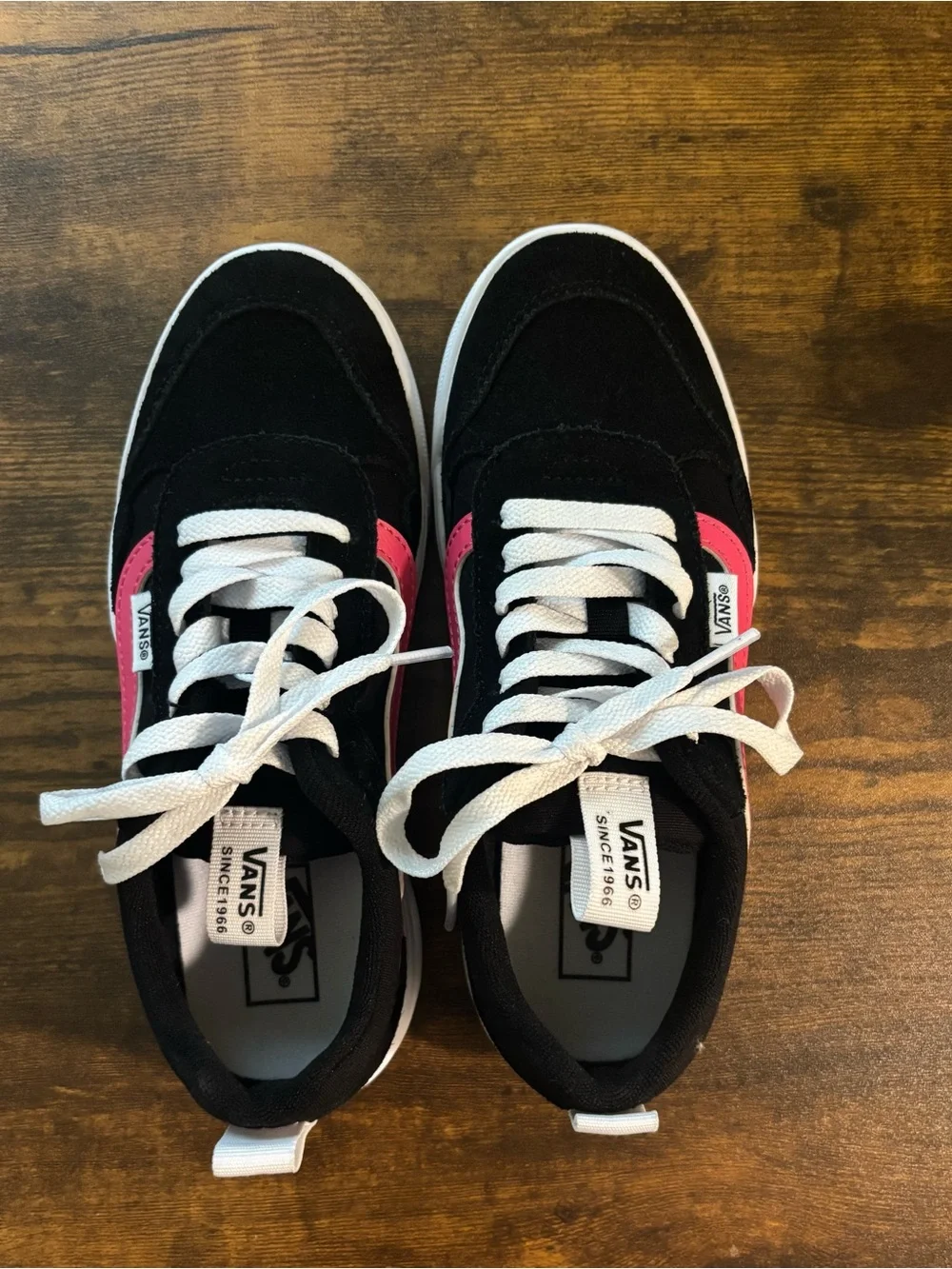 Vans Black Suede Low-Top Sneakers with Pink Stripe and White Sole